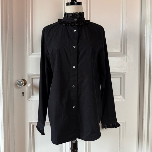 Mille Tops - Mille Resort & Travel Women’s Elegant Black Ruffle Collar Button Down Top XS